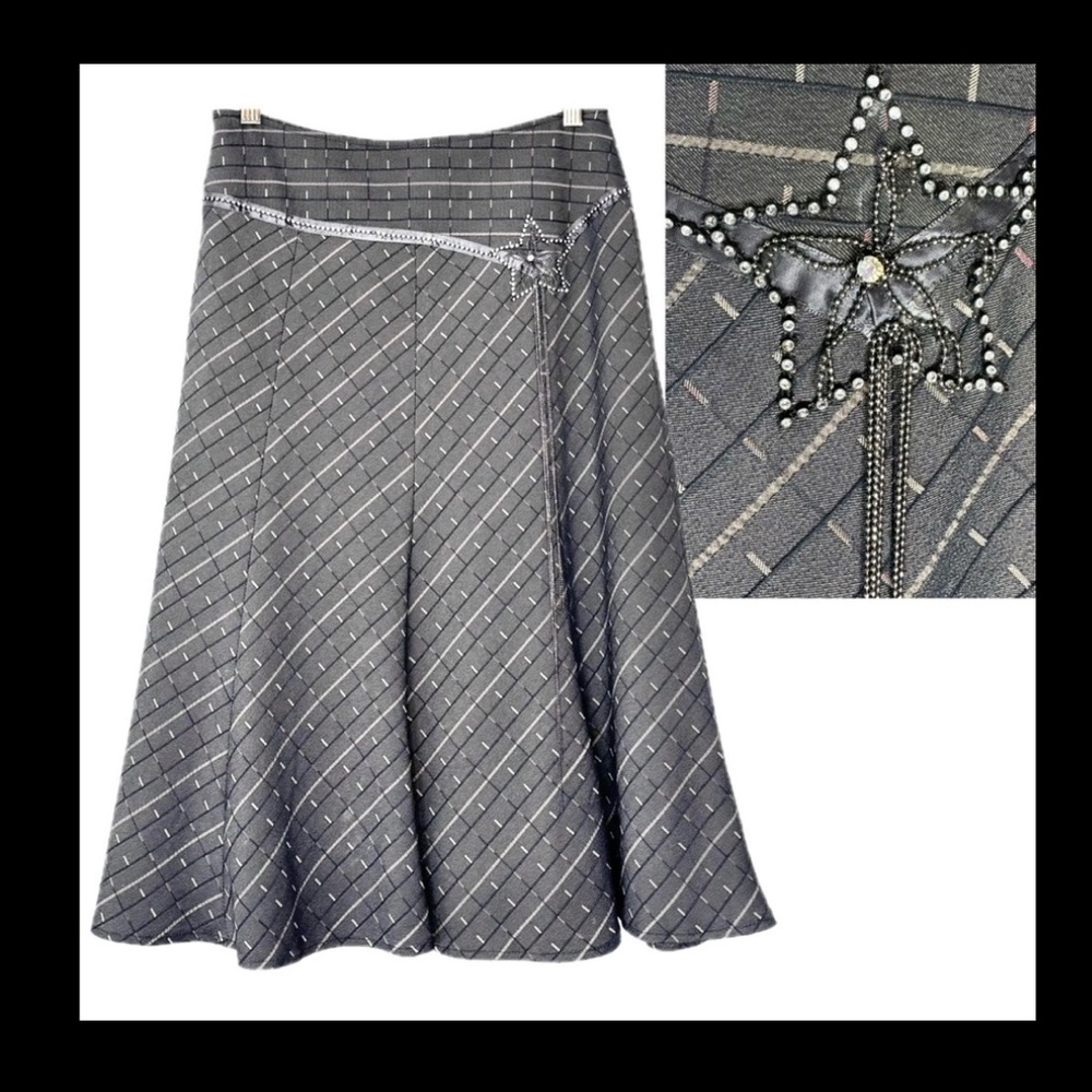 Gray-Brown Midi Skirt with Rhinestone and Chain Accents